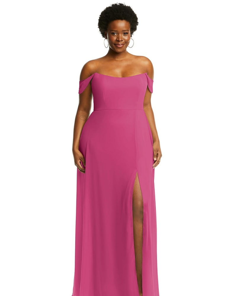 Front of a model wearing a size 20W Off-the-Shoulder Basque Neck Maxi Dress with Flounce Sleeves in Tea Rose by After Six. | dia_product_style_image_id:267019